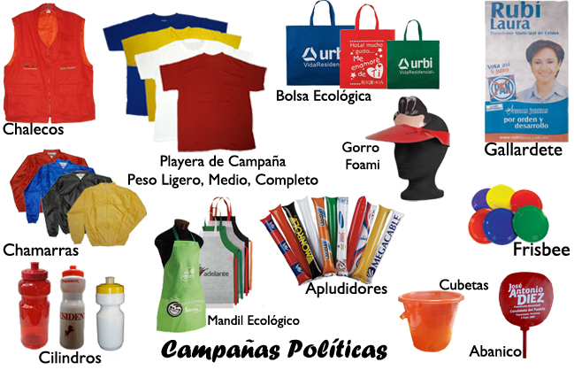 Campañas Políticas, Promocionales, apludidores, Playeras, cilindros, Chalecos, Gorros